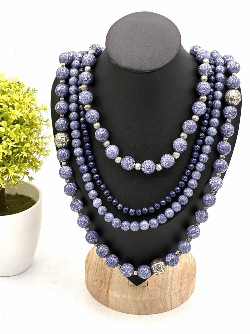 RMN Blue Purple Multi Strand Beaded Necklace 20” Speckled Beads Silver Tone